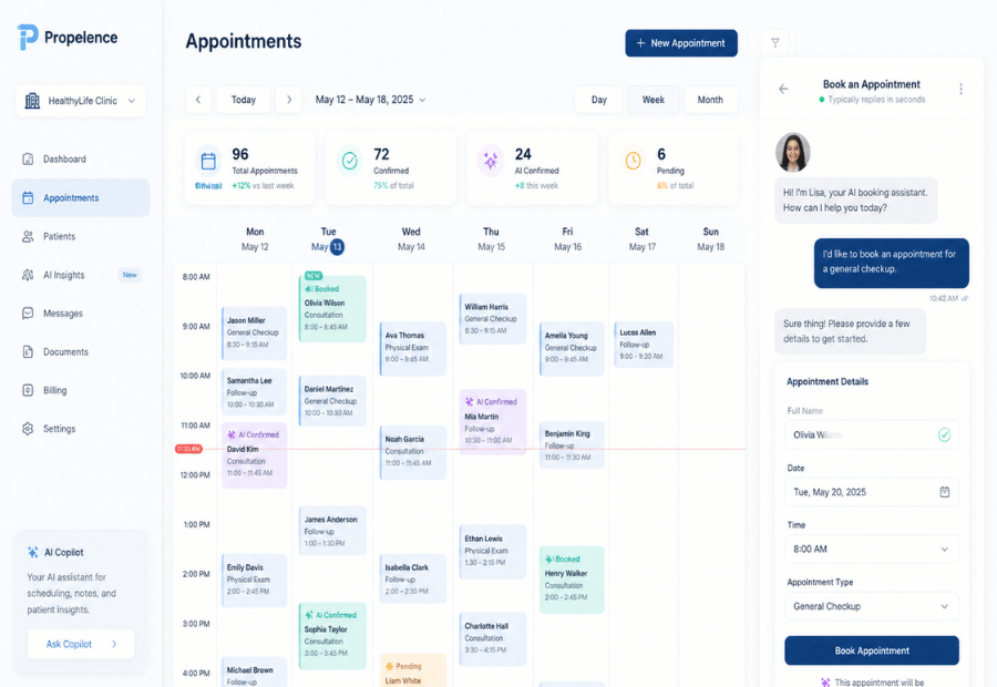 Clinic appointment booking dashboard interface showing scheduled patients and time slots