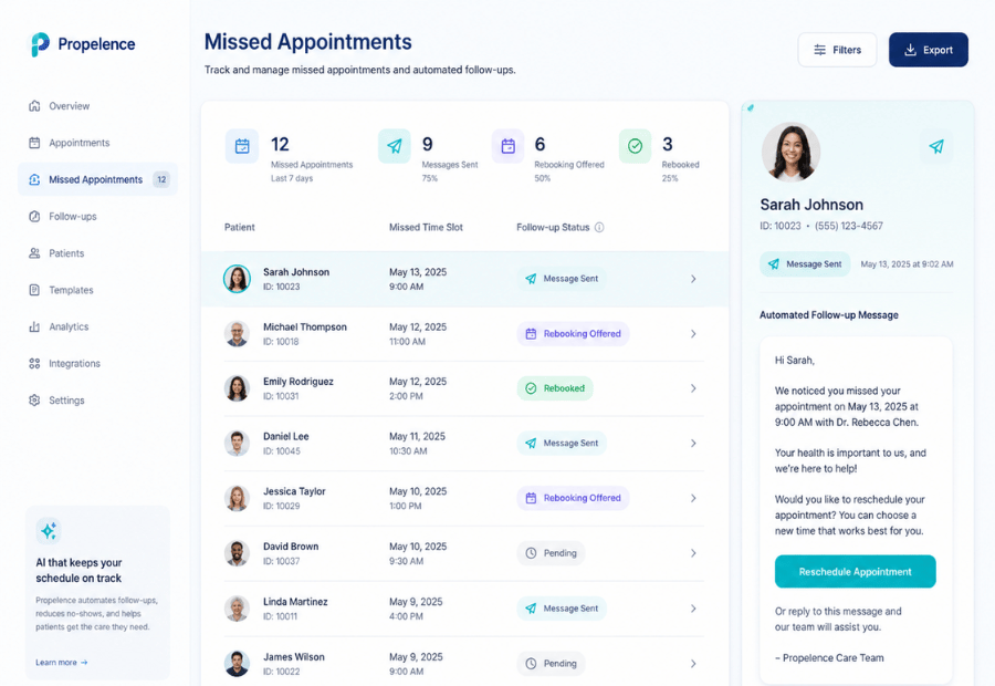 Clinic workflow screen showing follow-up and rebooking actions after a missed appointment