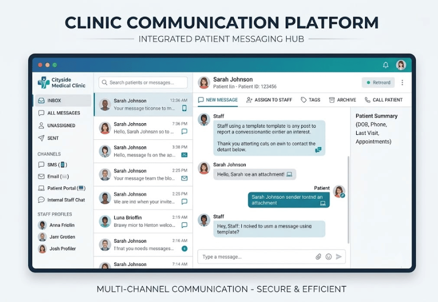 Patient messaging interface for clinic communication across multiple channels