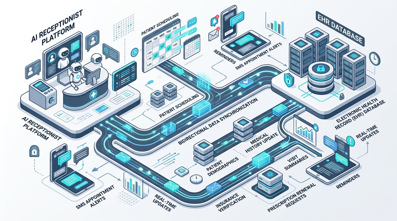 Bidirectional EHR integration for AI receptionists showing API data exchange between clinic systems