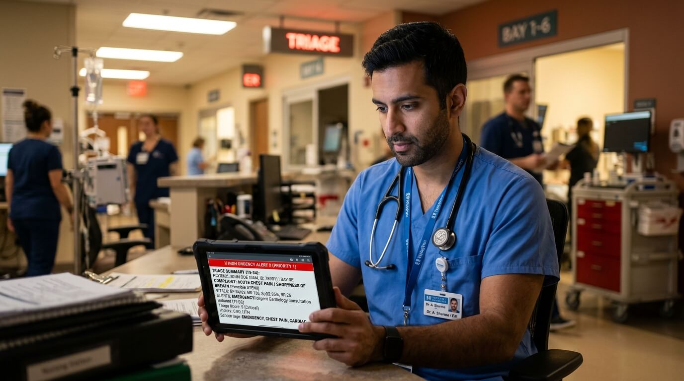 On-call doctor receiving prioritized emergency clinical triage alerts