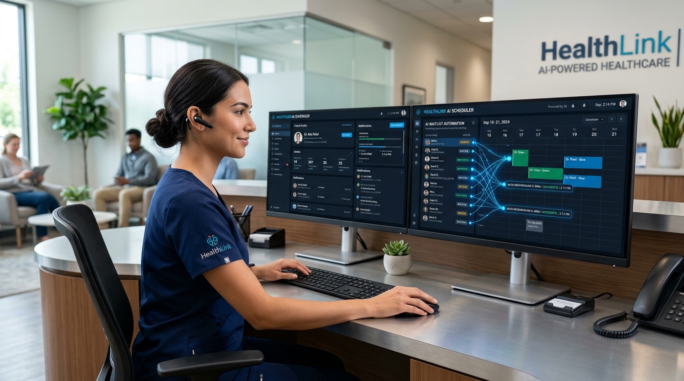 Front desk receptionist managing automated waitlists to reduce patient no-shows