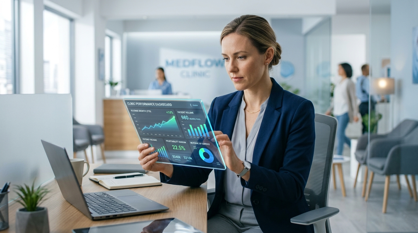 Clinic operations manager reviewing analytics dashboard to reduce patient no-shows