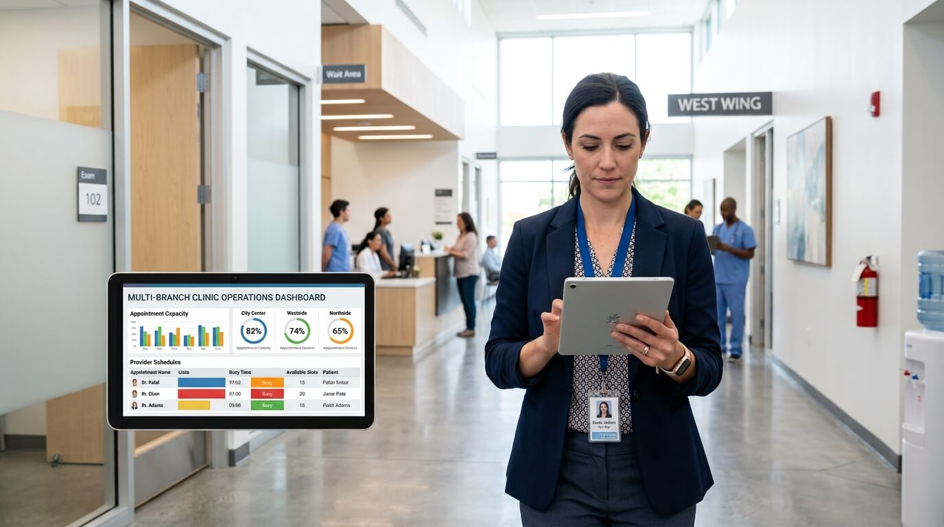 Multi-location schedule synchronization in AI receptionist EHR integration