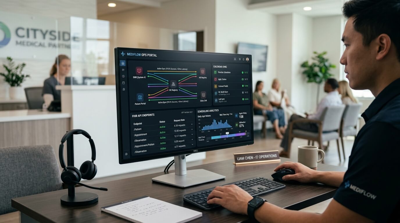 EHR integration for AI receptionists dashboard showing real-time clinic scheduling sync
