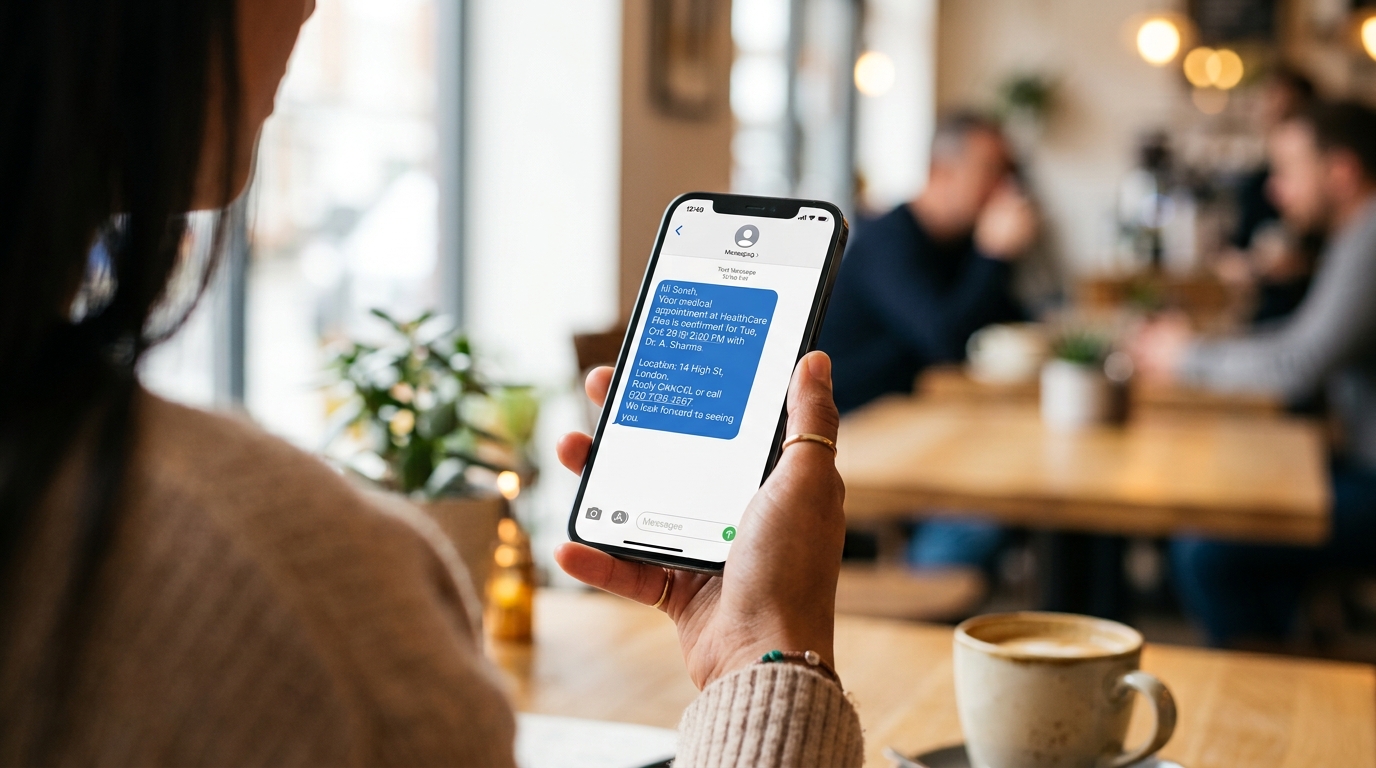Patient using smartphone SMS self-scheduling to reduce patient no-shows