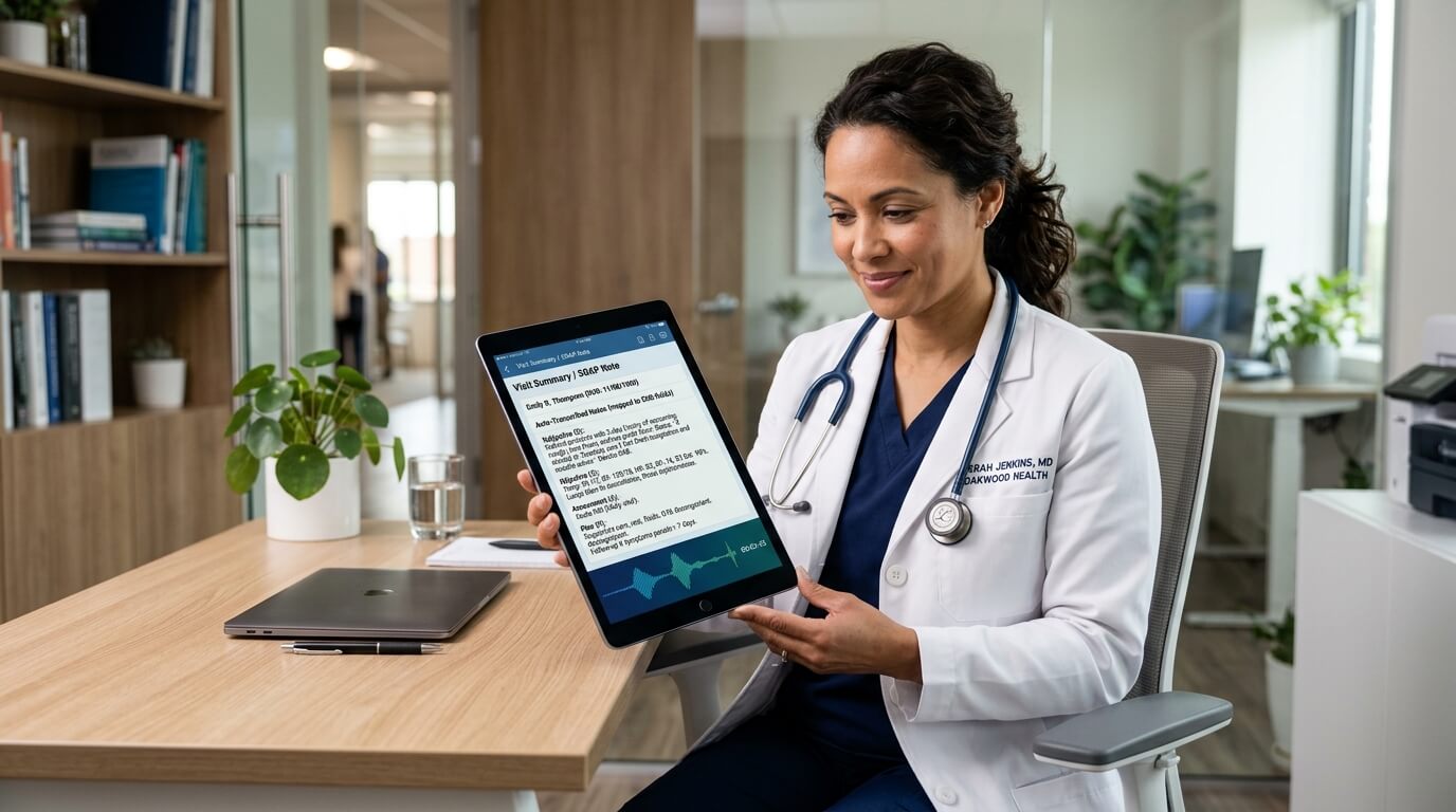 Doctor reviewing automated voice-to-text EHR clinical note integration